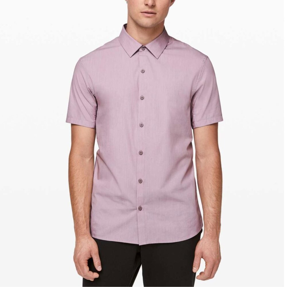 Lululemon Mens Large "Down to the Wire Slim Fit Short Sleeve" Heathered VTG Plum